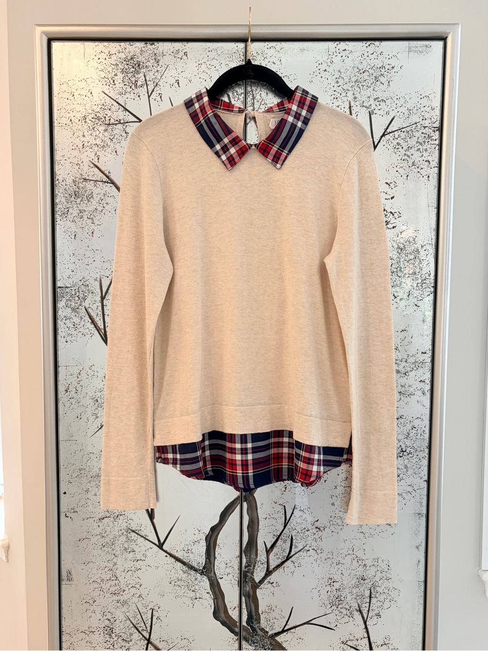 NWT $98 J Crew Womens Small Woven Collar Sweater Built In Collared Shirt Knit